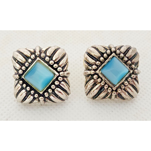 Earrings-Silver Tone with Blue "Stones"-Silver With Black Chunky Square-Pierced - Picture 3 of 8
